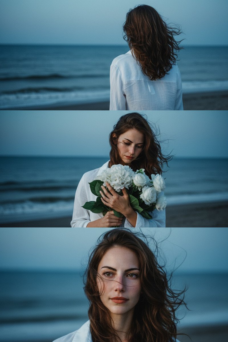 A serene blue-hour beach scene featuring a person in a white linen shirt, with soft ocean wind and calm sea in the background.