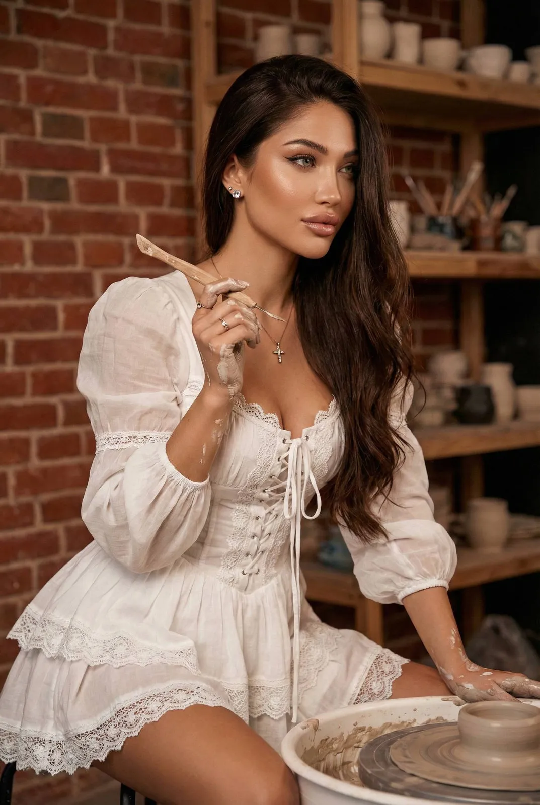 Makeup Earrings Necklace And Rings In Corset Portrait