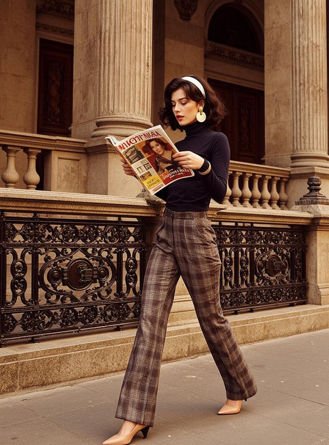 Walking Urban Street Gold Earrings Plaid Pants