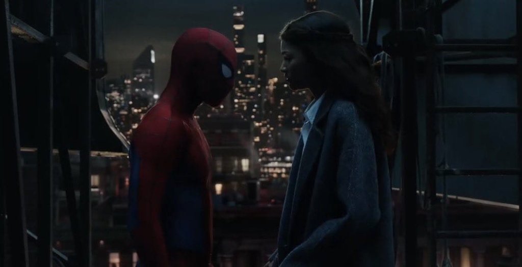 Spider Man Rooftop Night City Skyline Low Angle