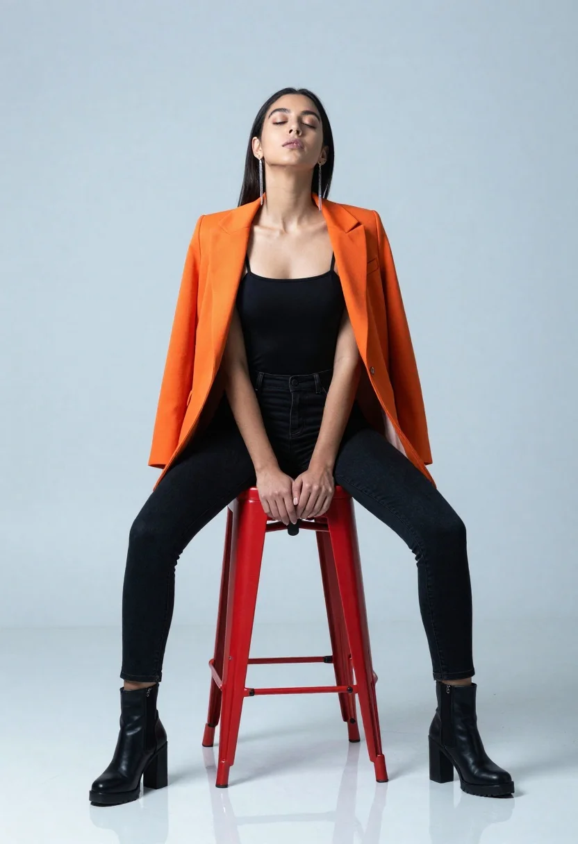 Full-body Studio Portrait Woman With Long Dark Hair Seated Confidently reference photo