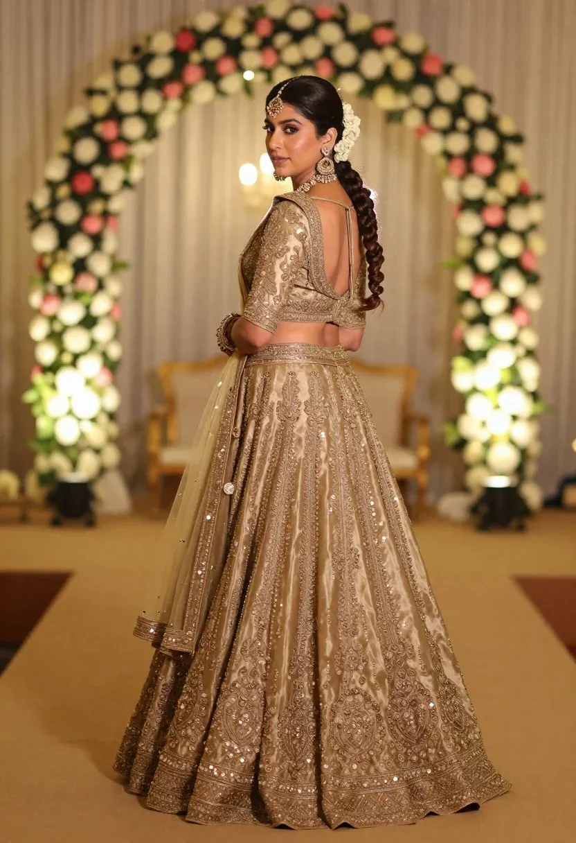 Woman Flowing Heavily Embroidered Gold Lehenga Choli Stands Profile With