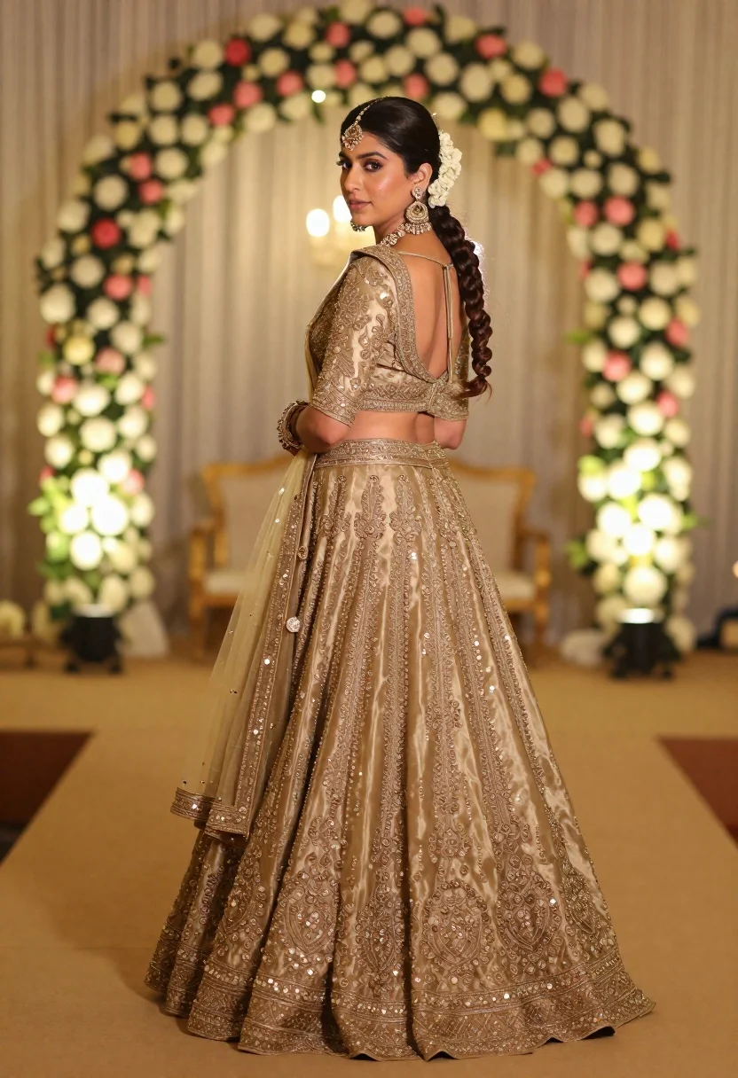 A woman in a heavily embroidered gold lehenga choli standing in profile, showcasing intricate embroidery and warm ambient lighting.
