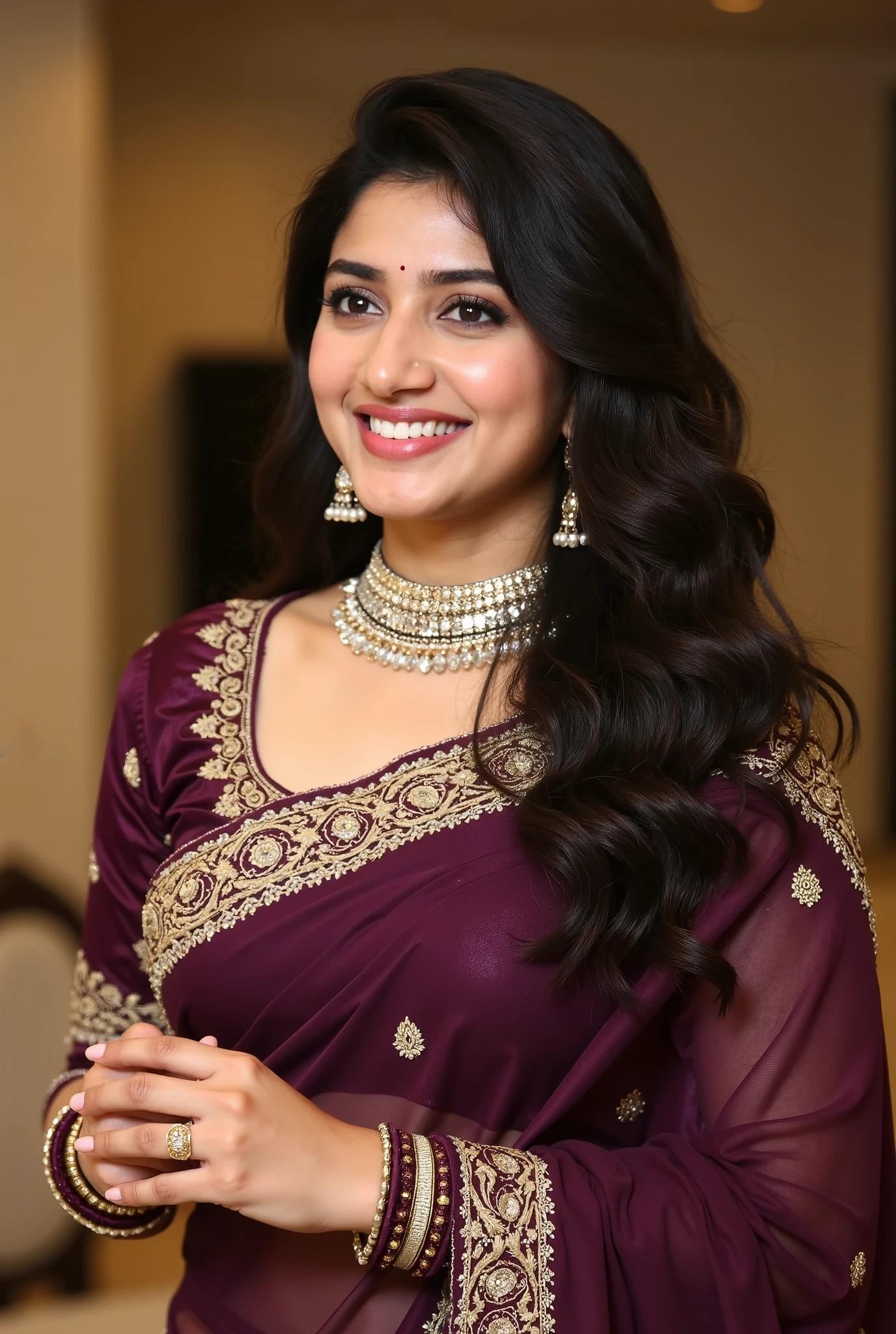 Plum Saree Gold Embroidery Soft Lighting