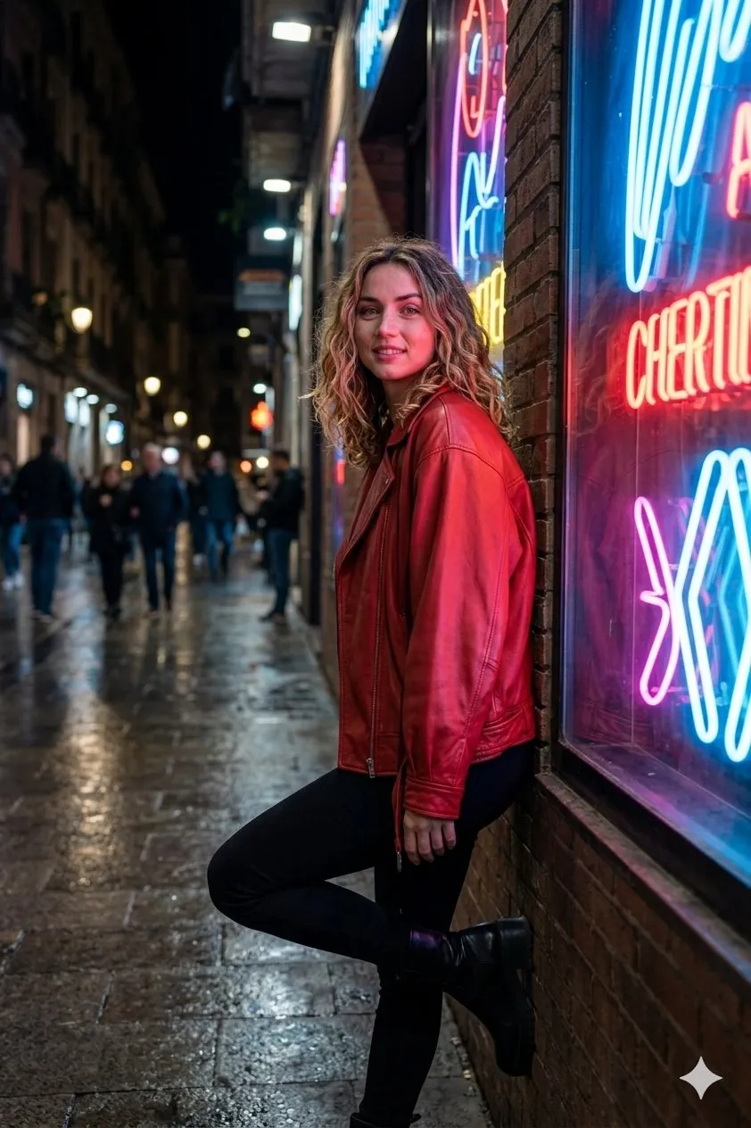 Neon City Night Red Leather Jacket Pose