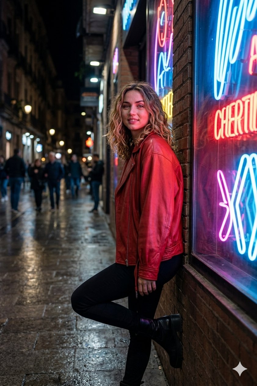 Neon City Night Red Leather Jacket Pose