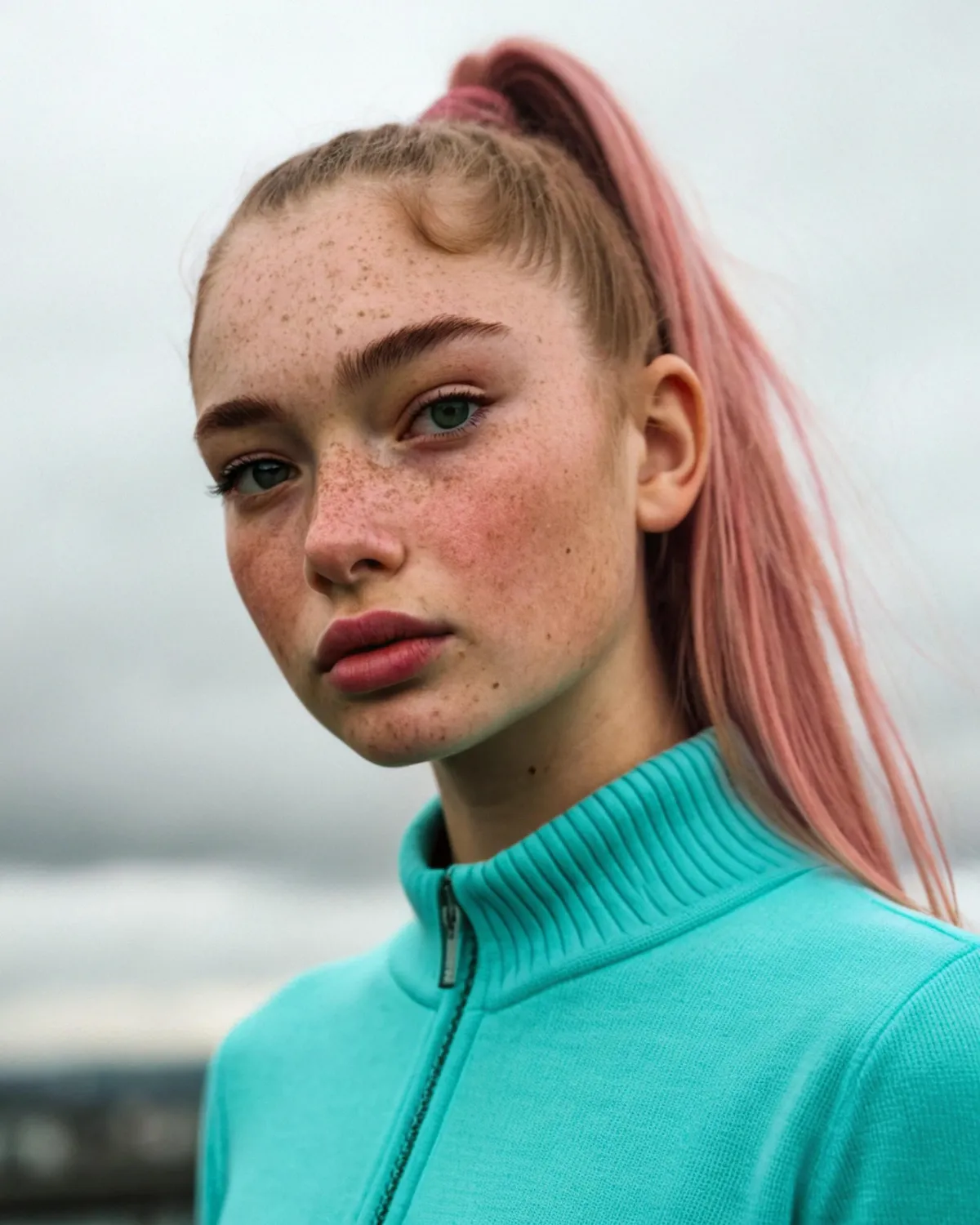 Foggy Shoreline Portrait Turquoise Sweater