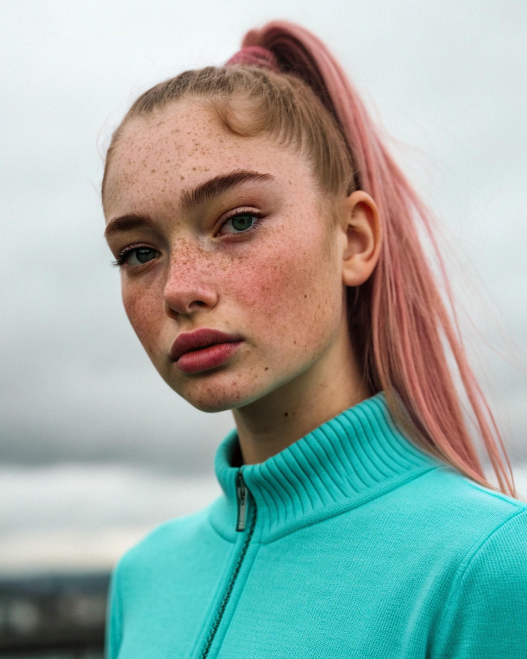 Foggy Shoreline Portrait Turquoise Sweater