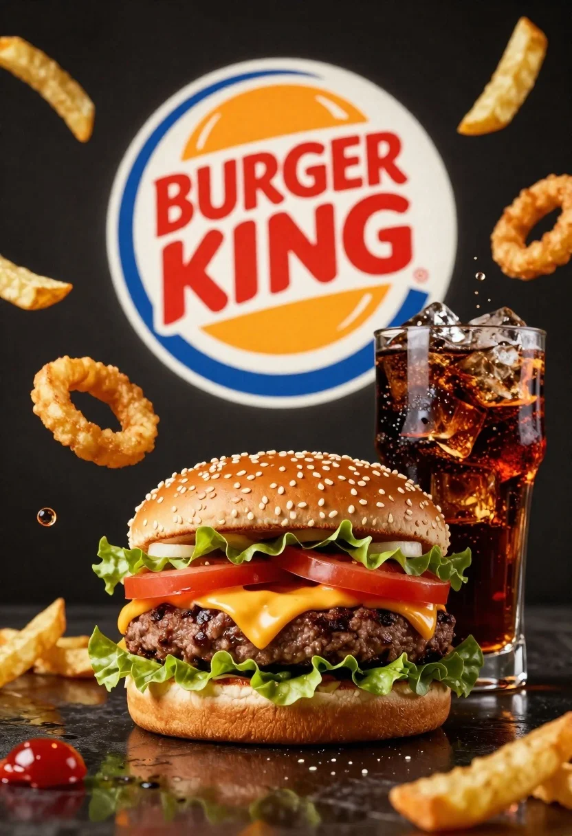 A dynamic commercial scene featuring a large cheeseburger with melted cheese, fresh lettuce, and crispy onion rings, with a glass of soda beside it.