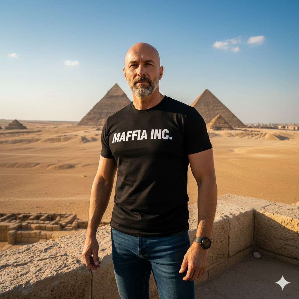 A cinematic portrayal of a person in a black MAFFIA INC. t-shirt with the Giza pyramids in the background under a blue sky.