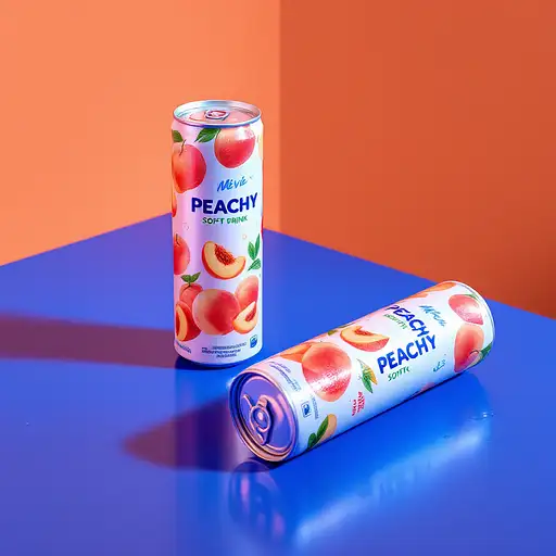 Close up shot of two peachy soft drink cans on a royal blue table, showcasing water droplets and a peach color backdrop.