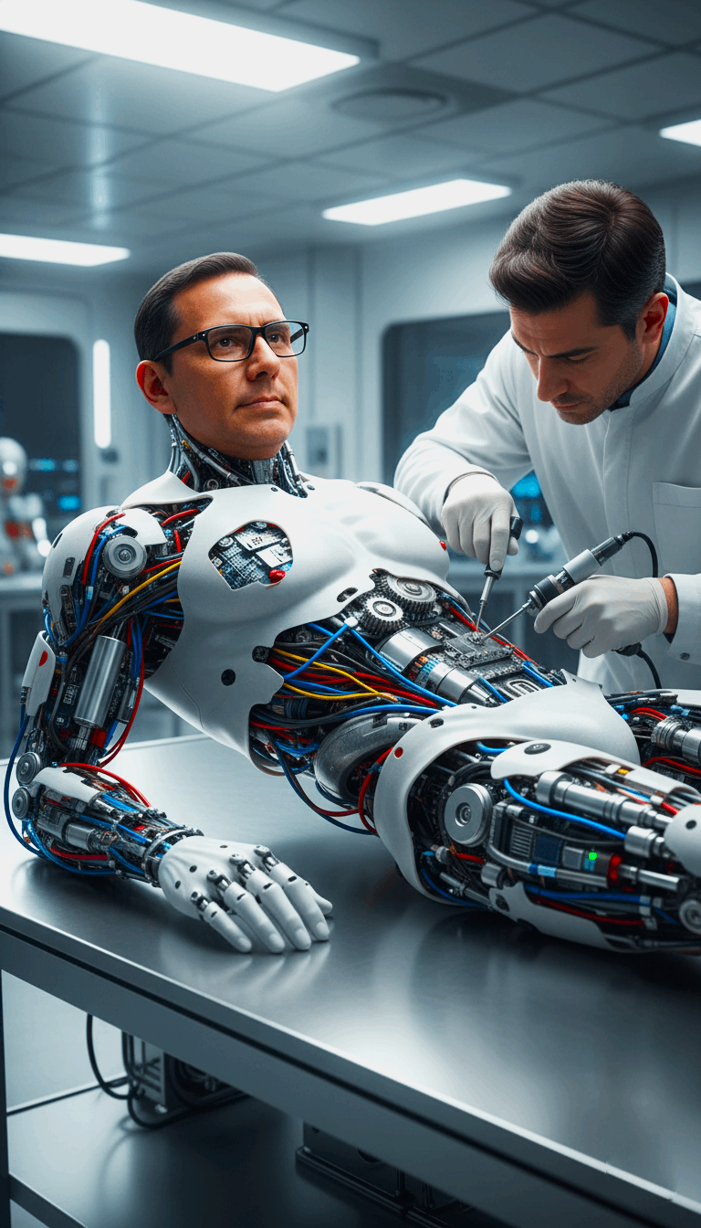 A hyper-realistic cyborg with muscular human torso, mechanical arms, and synthetic skin features, recostado en una mesa metálica en un laboratorio futurista.
