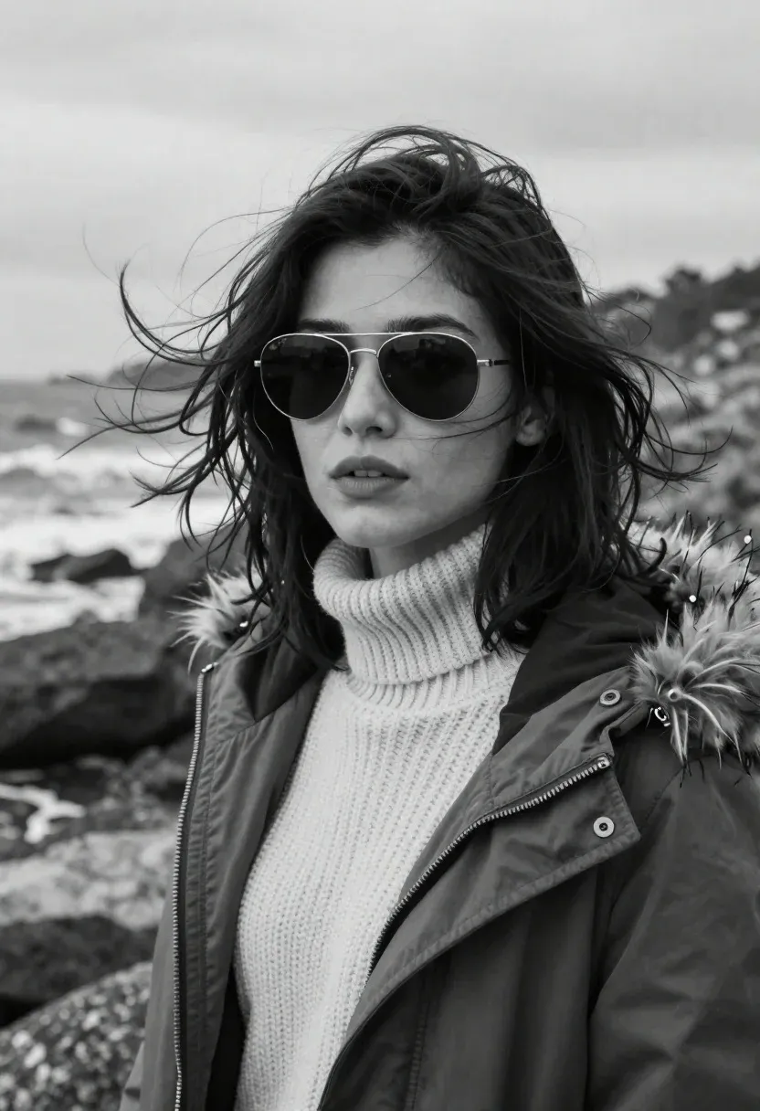 Striking Black And White Portrait Woman With Windswept Hair Standing