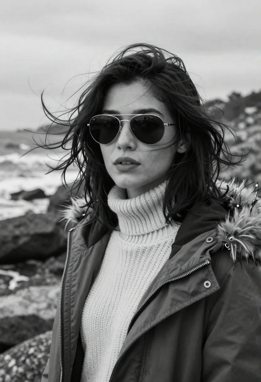 Striking Black And White Portrait Woman With Windswept Hair Standing
