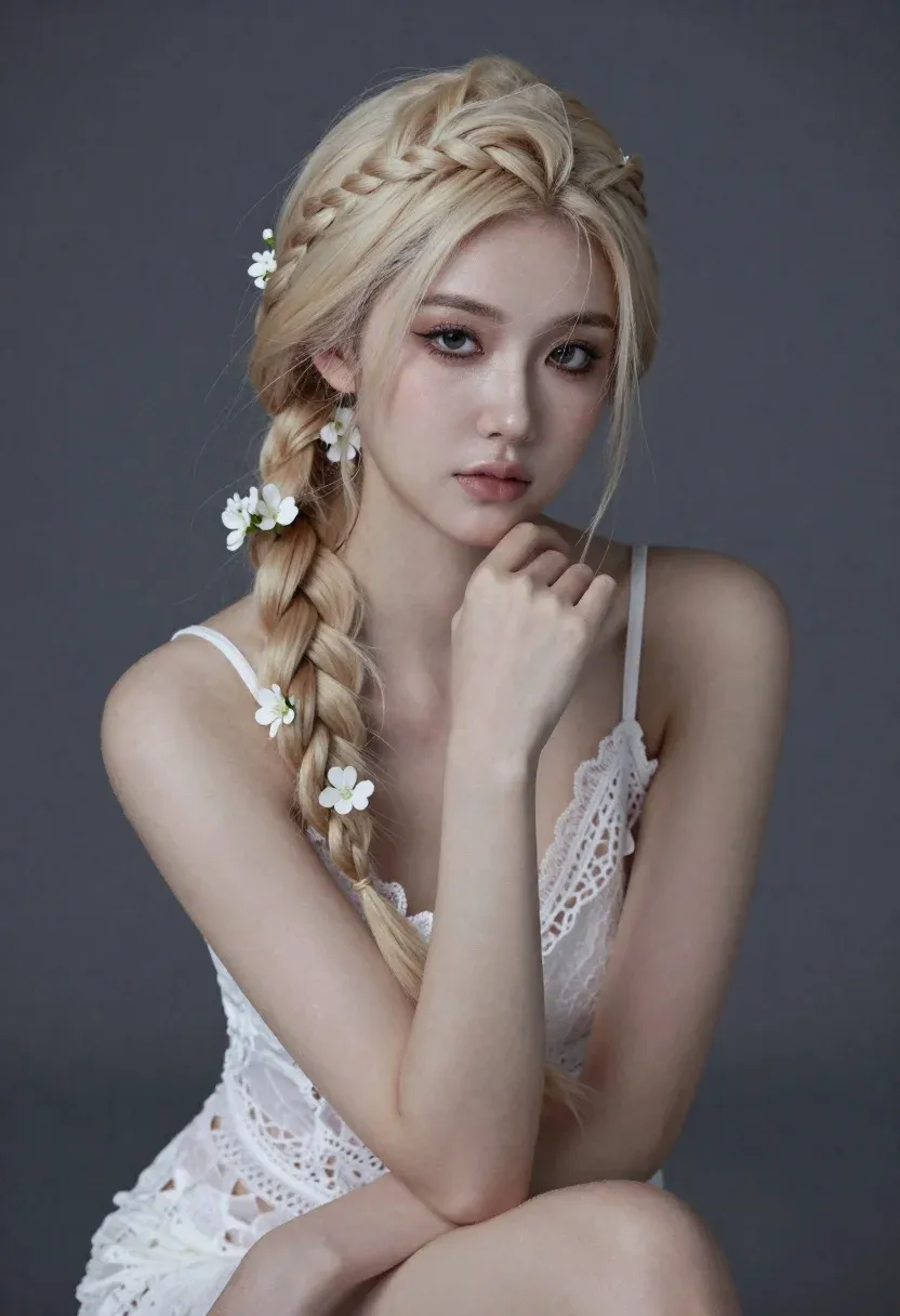 Portrait Young Woman With Long Blonde Hair Styled Thick Braid