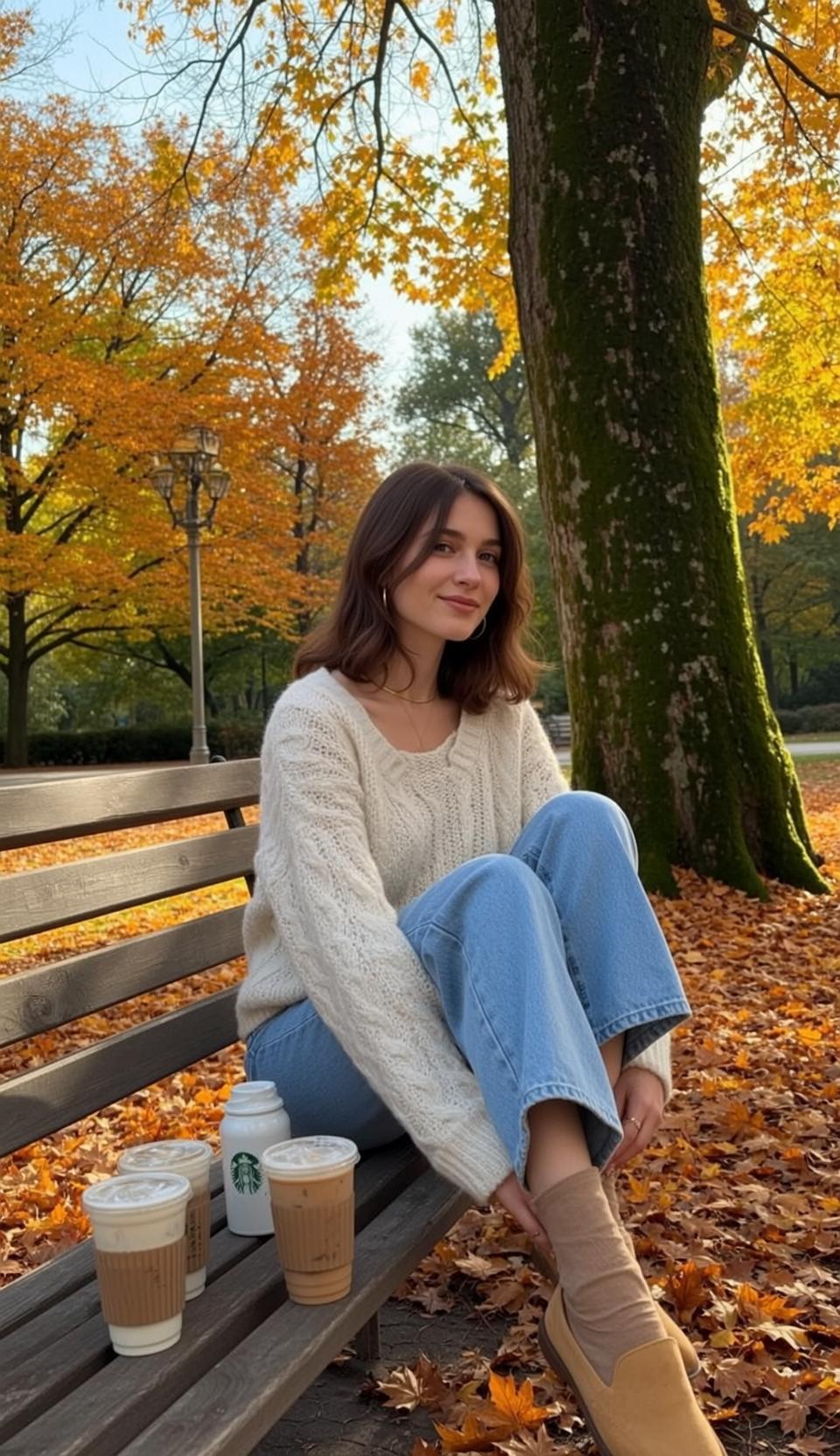 Autumn Sitting Wooden Park Bench Facing Slightly