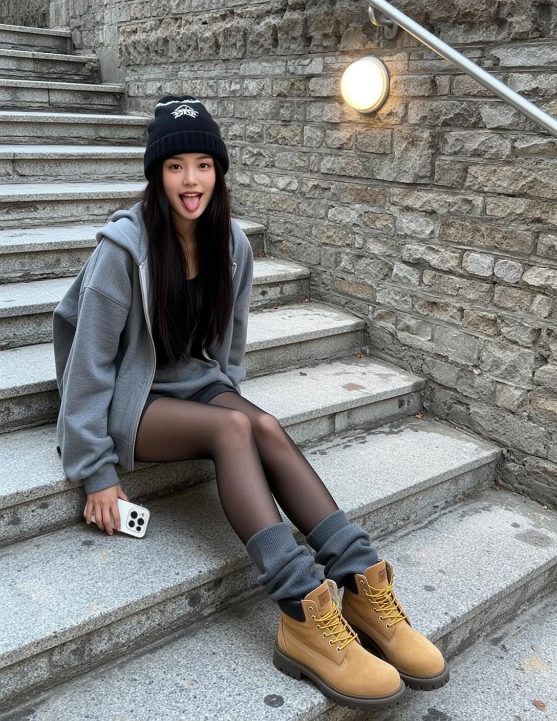 Beanie Hoodie Stairway Phone Pose