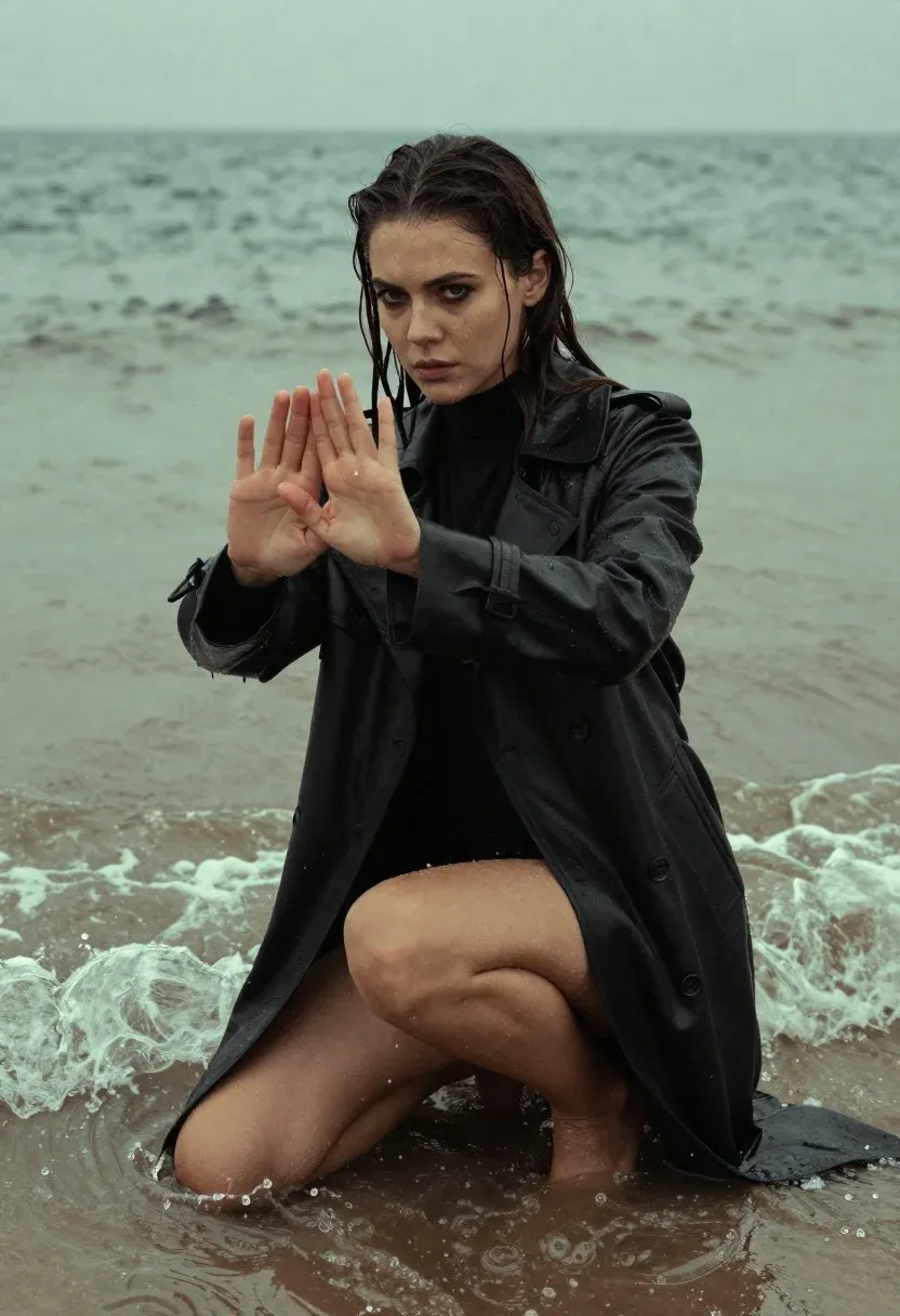 Woman Crouching Shallow Ocean Water With Wet Hair And Serious