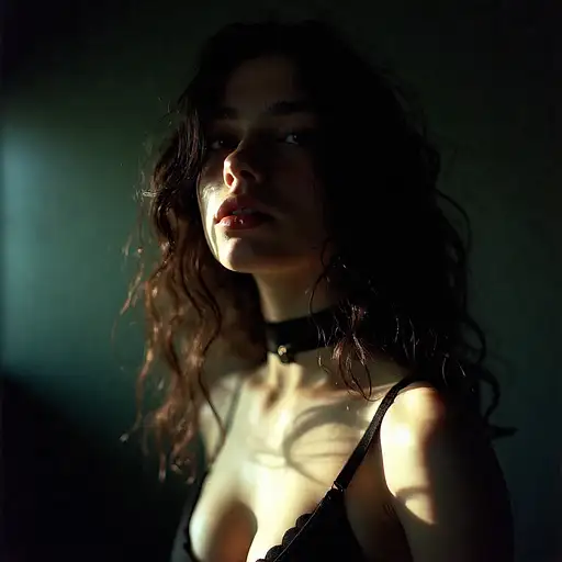 A sensual portrait of an 18-year-old woman with dark wavy hair, wearing a choker and stay-ups, in a dimly lit room.