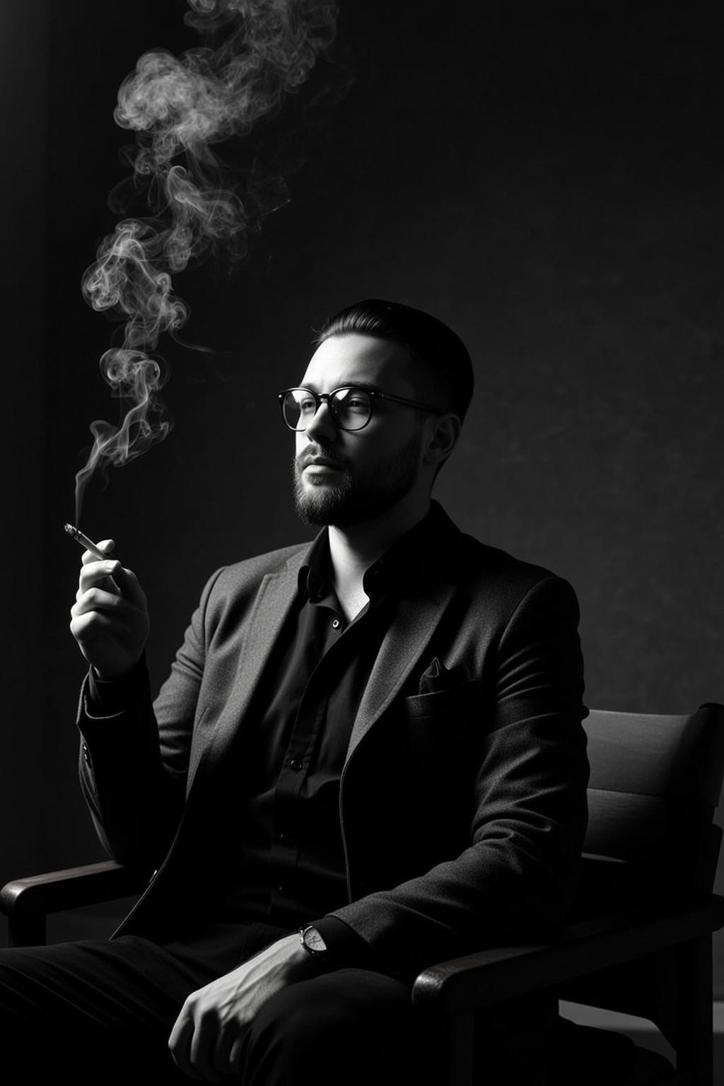 Photorealistic Black And White Portrait Man With Dark Hair Slicked