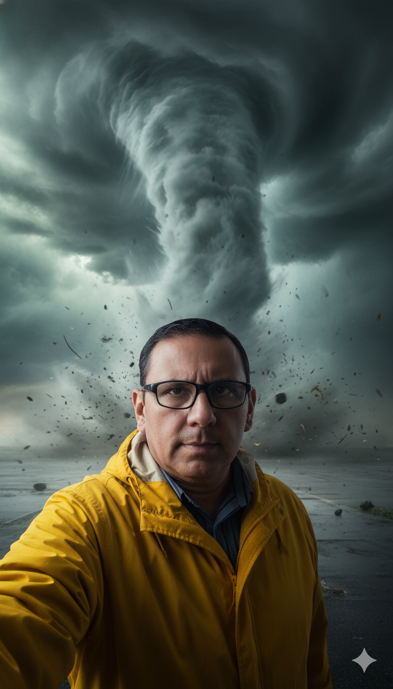 Hombre con chaqueta amarilla brillante frente a una intensa tormenta, mostrando valentía en un ambiente caótico.