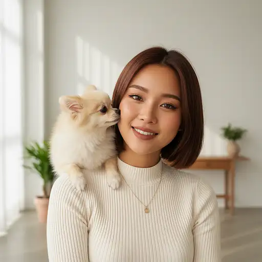 Highly realistic portrait of a young Korean female influencer with short brown hair, in a stylish top, confident expression, and a fluffy dog.