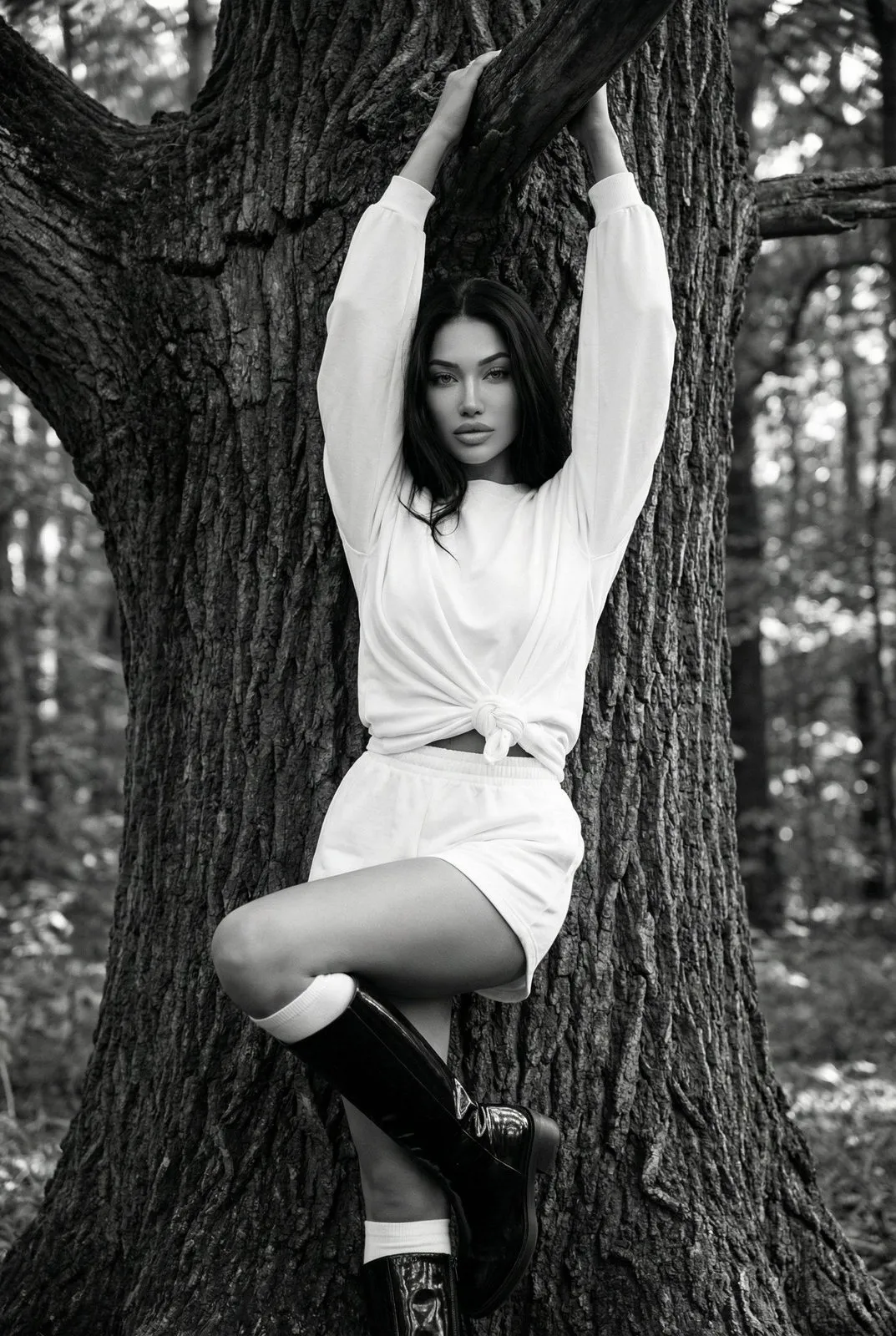 Forest Fashion Portrait White Outfit Arched Pose
