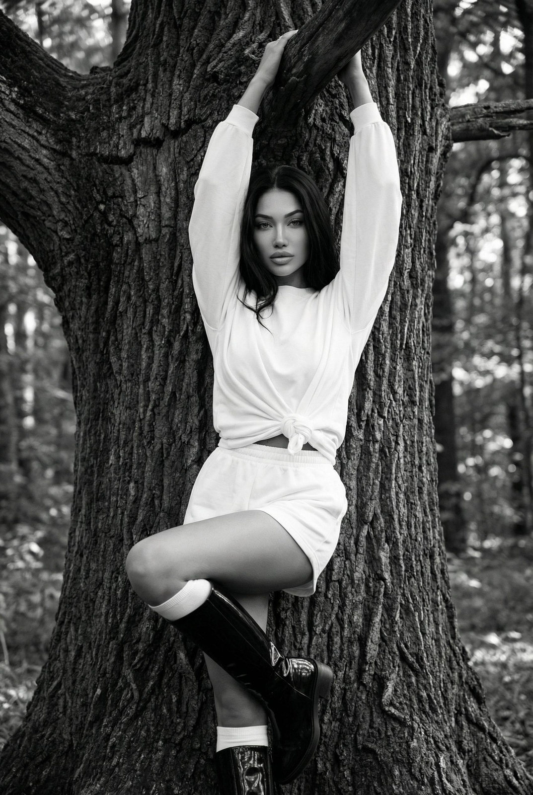 A woman in a white outfit stands against a large tree, arms raised, in a serene forest setting.