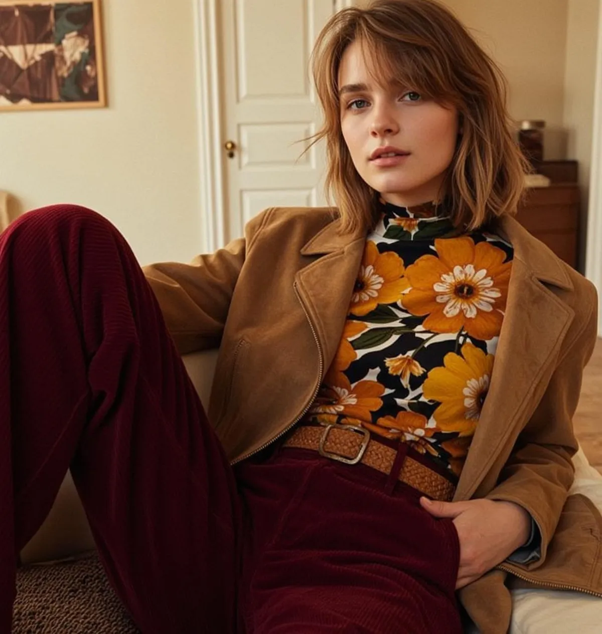 Floral Turtleneck Maroon Pants Couch Scene