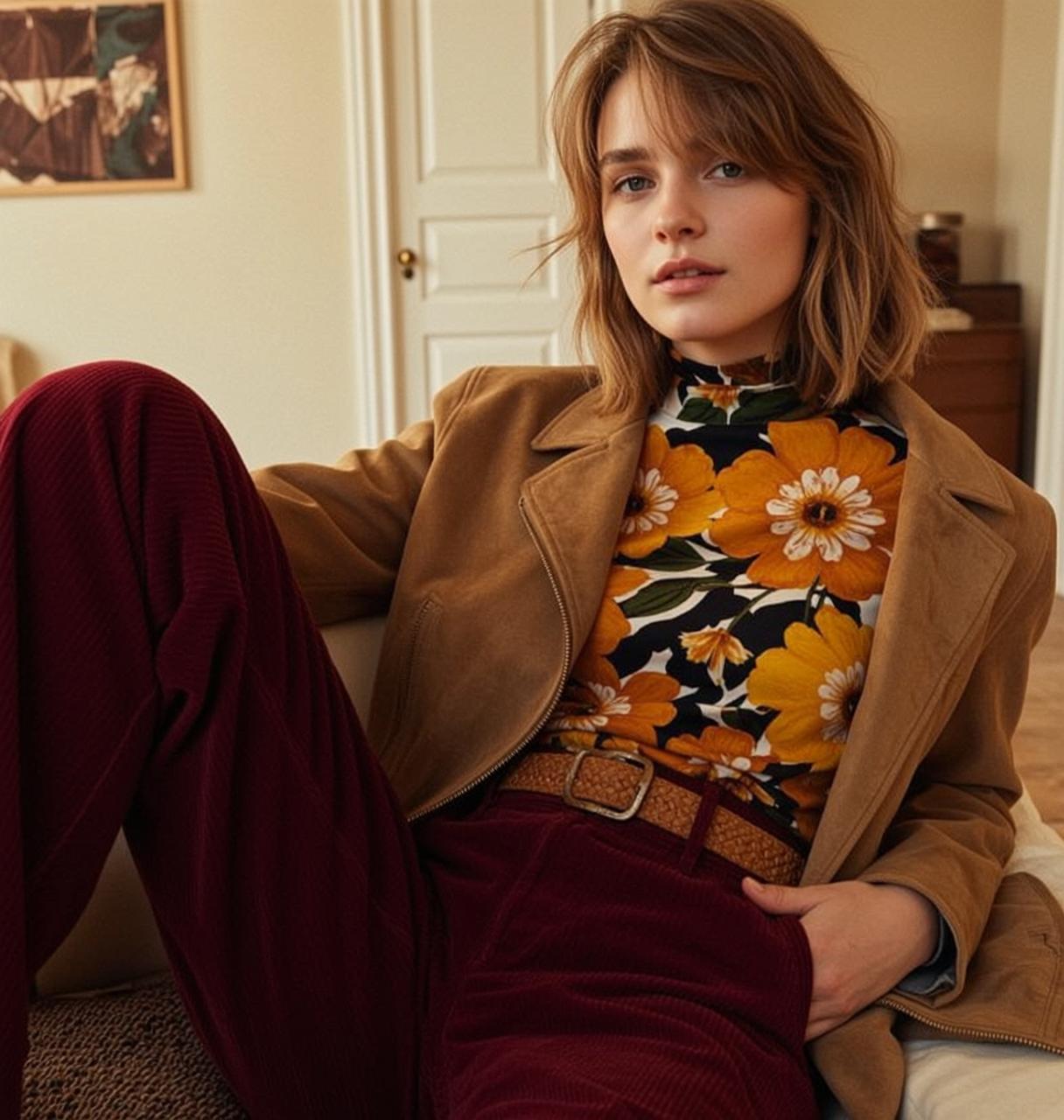 Floral Turtleneck Maroon Pants Couch Scene
