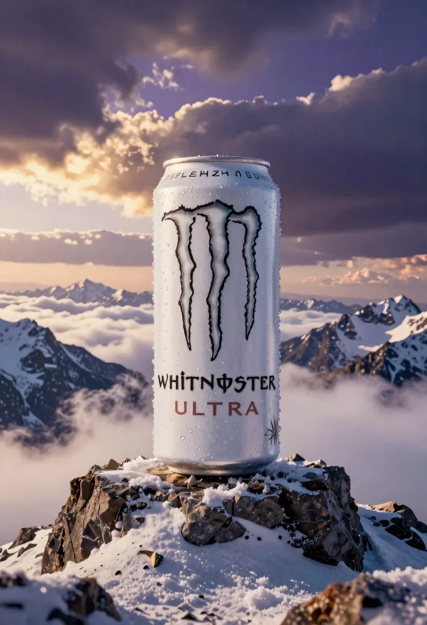 Giant White Energy Drink Can Stands Upright Snowy Mountain Peak