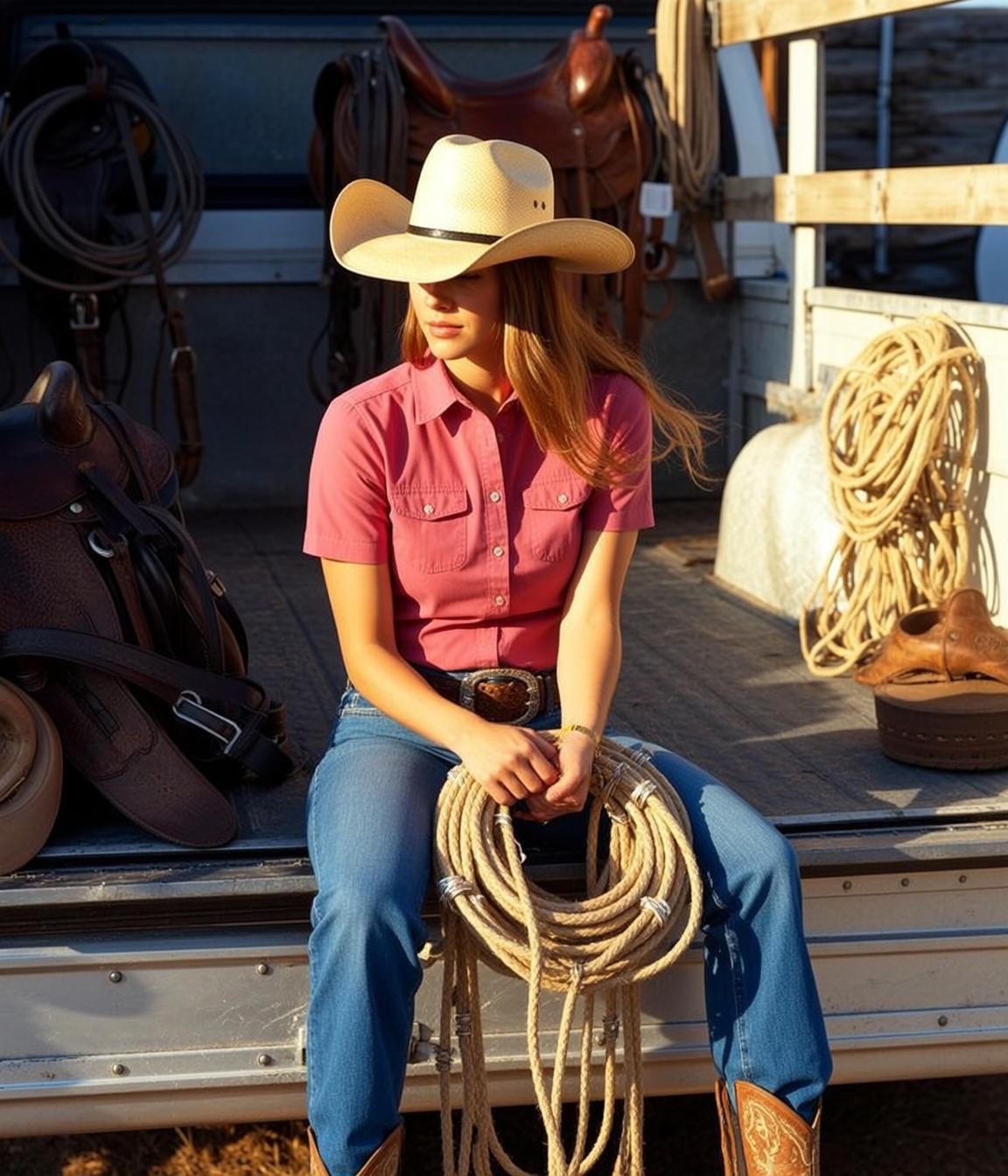 Cowgirl Young Seated Tailgate Pickup Truck Holding