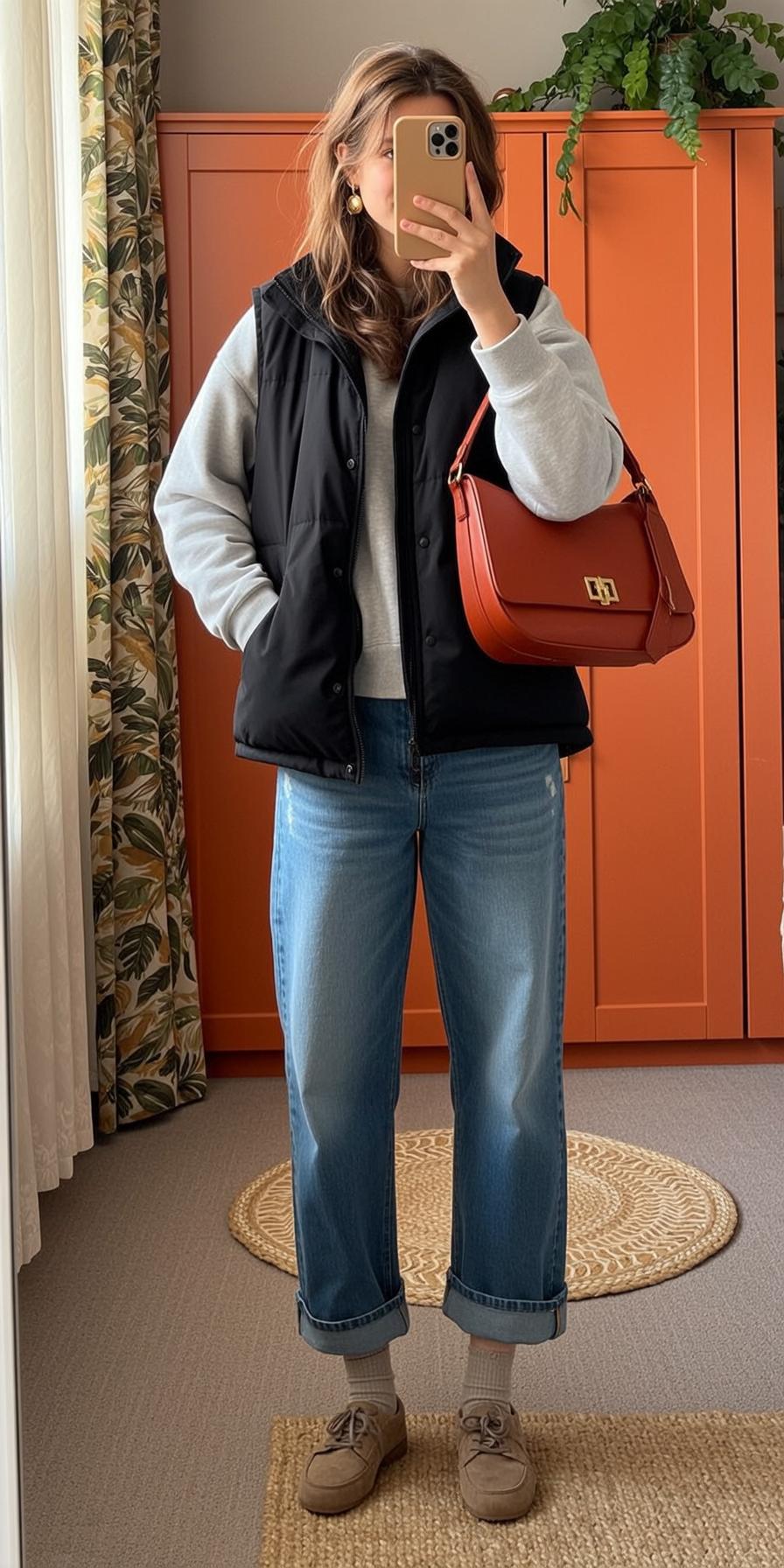 Black Sweatshirt and Light Wash Jeans Selfie on Interior