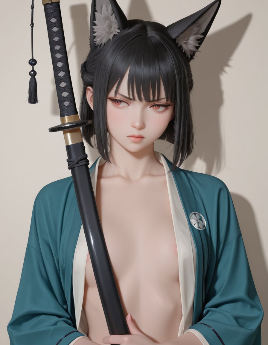 Character With Animal Ears Holding Katana Studio