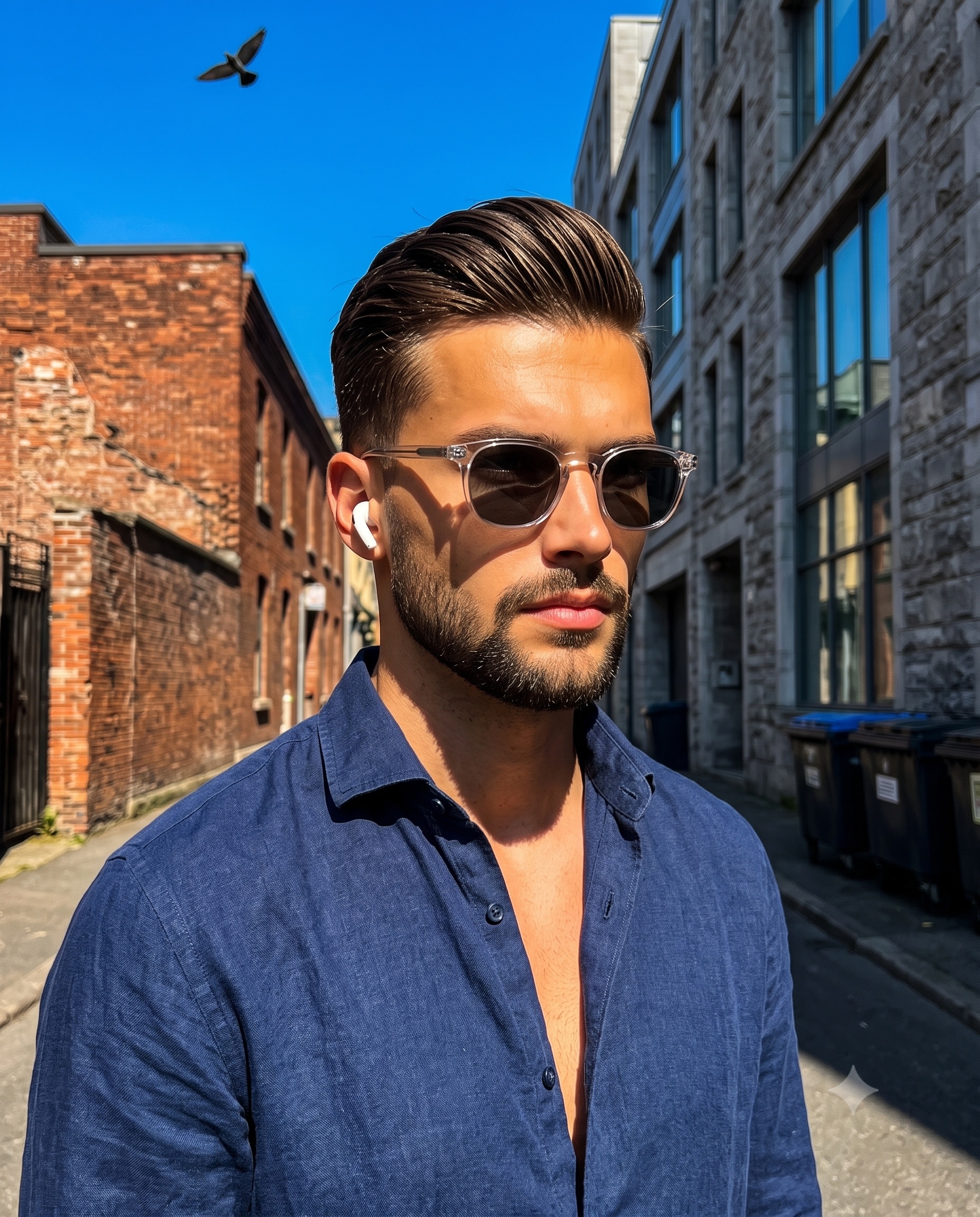 Navy Linen Shirt And Sunglasses