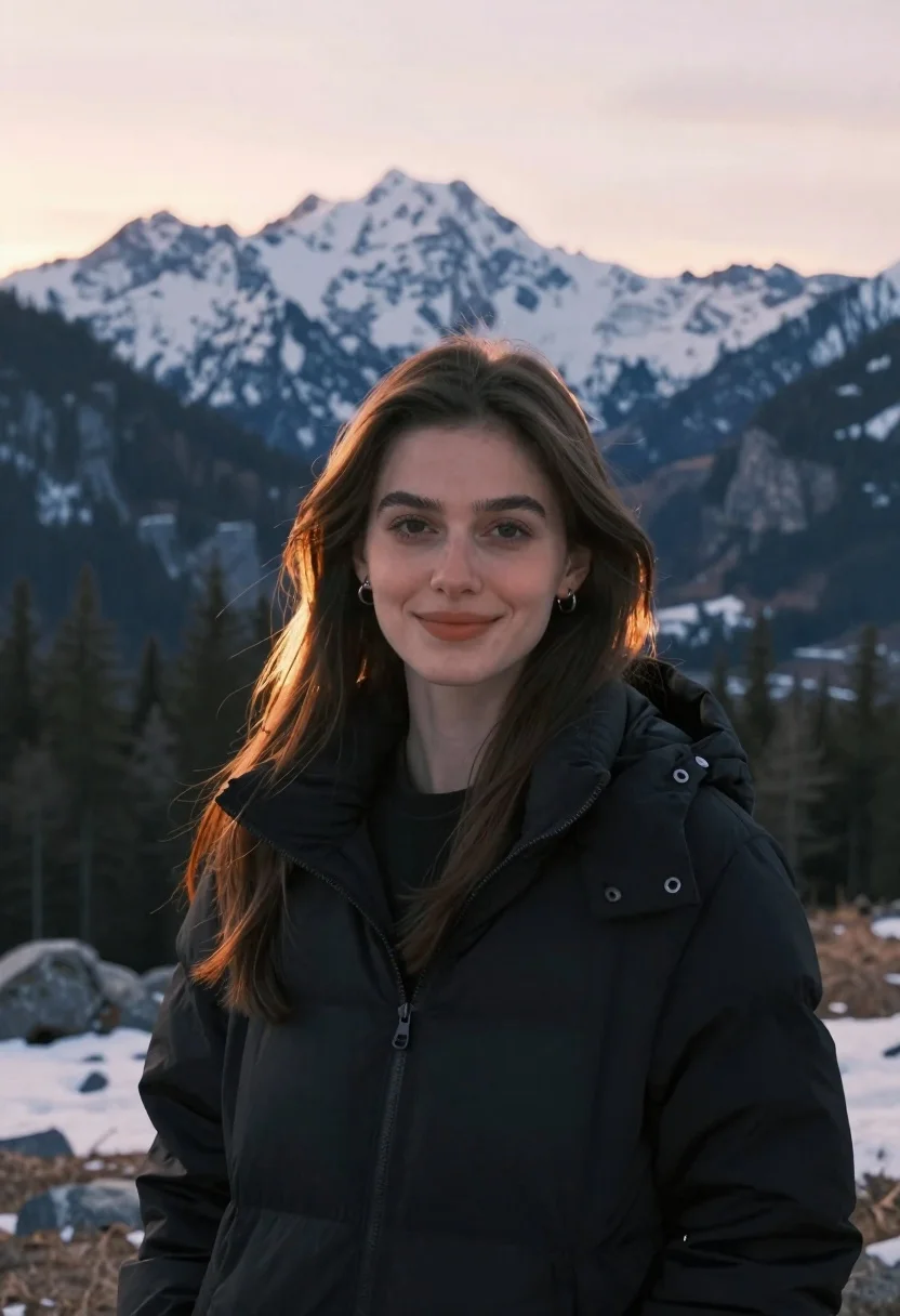 Portrait Young Woman With Long Brown Hair Looking Directly The reference photo