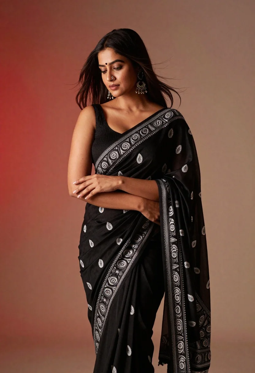 Woman Stands Three-quarter Pose Wearing Black Saree With White Paisley reference photo
