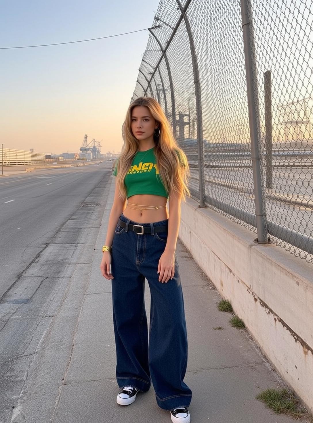Blonde Hair Green Crop Top Roadside Candid