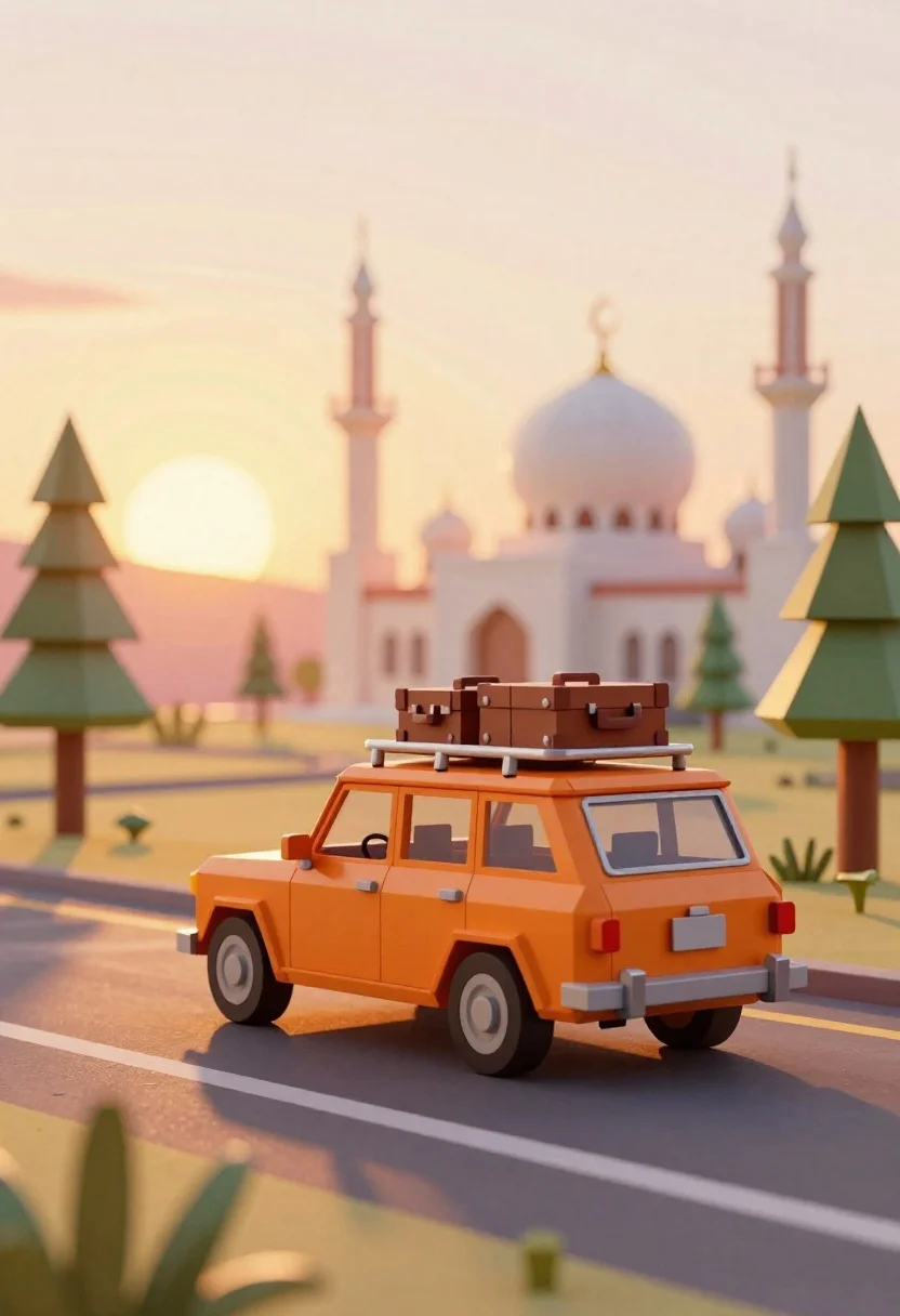 A low-poly orange station wagon driving along a vibrant road, loaded with brown luggage against a dreamy sunset.