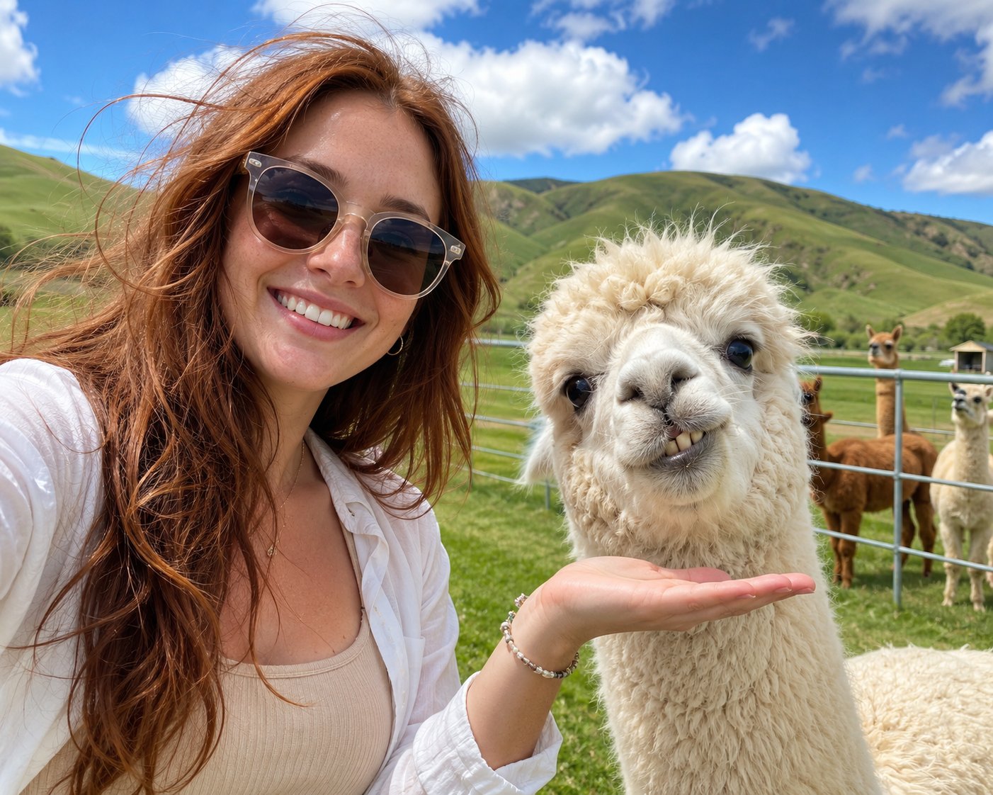 Selfie With Alpaca In Grassy Pasture Bright Natural Light