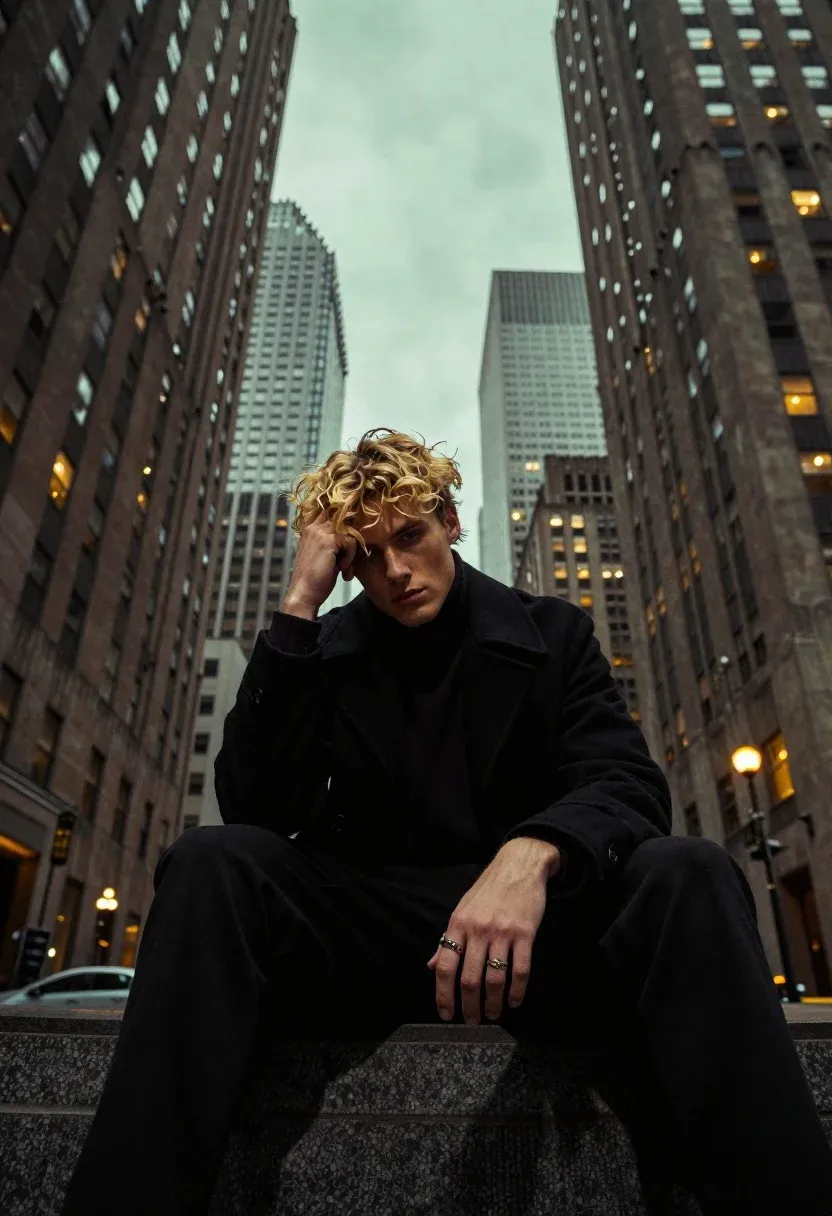 Young Man With Curly Blonde Hair Sits Stone Ledge Towering