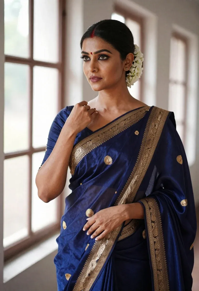 Graceful Woman Traditional Indian Pose Wearing Elegant Navy Blue Silk