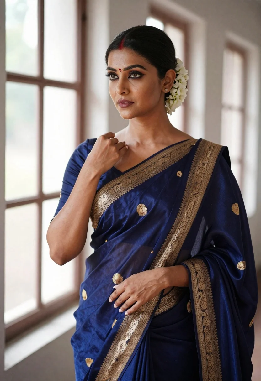 Graceful Woman Traditional Indian Pose Wearing Elegant Navy Blue Silk reference photo