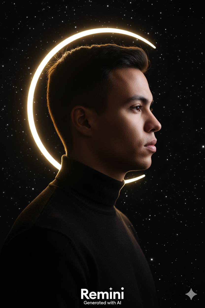 Male profile portrait in dark studio with crescent moon halo, soft lighting, and starry background, conveying introspection and elegance.
