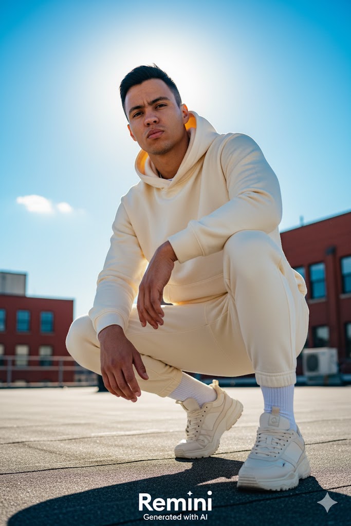 A male editorial portrait shot from a low angle on an urban rooftop, featuring a latino model in a cream outfit against a bright blue sky.