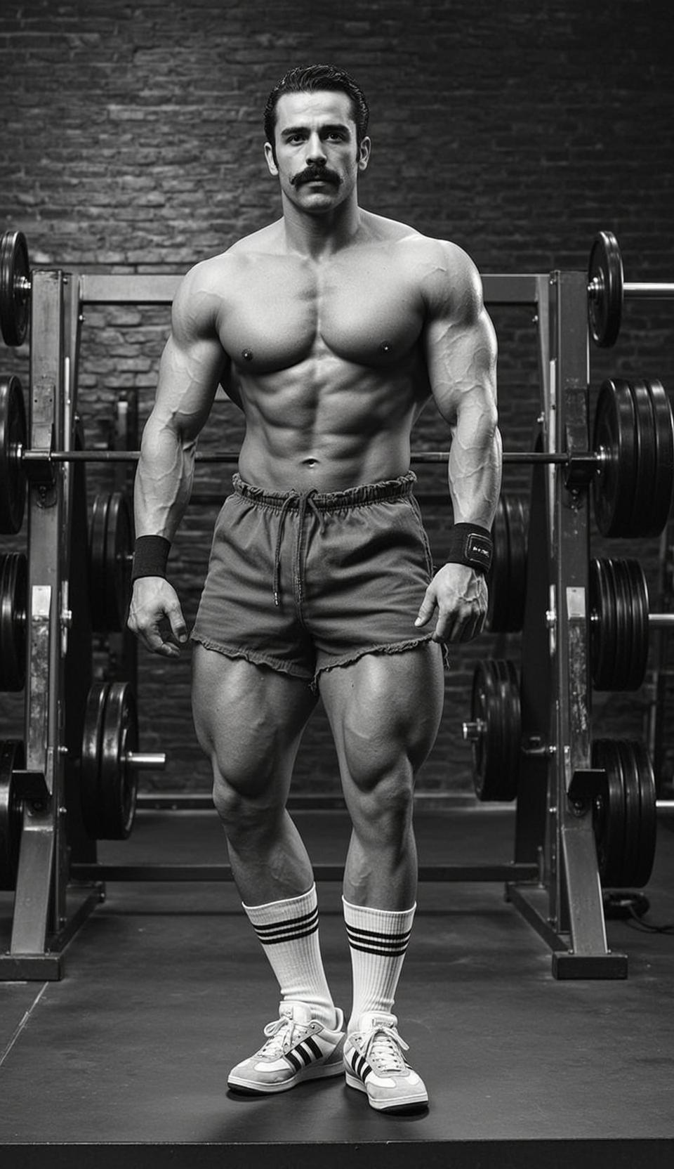 Muscular Black Short Styled Prominent Mustache Tan