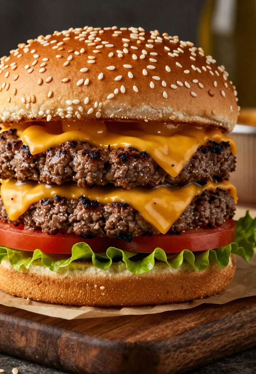 Mouthwatering Close-up Double Cheeseburger Warm Sesame Seed Buns Subject Double reference photo