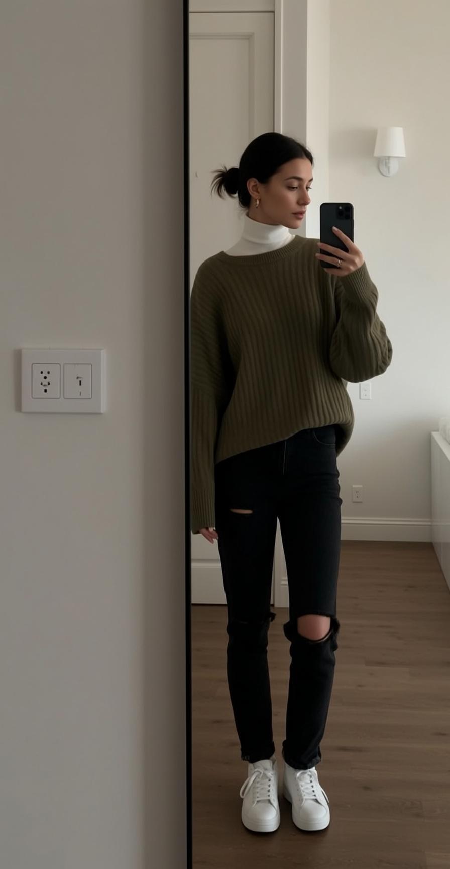 White Turtleneck and Black Ripped Jeans on Interior