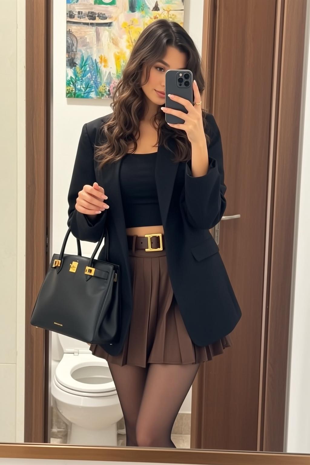 Bathroom Mirror Selfie Black Crop Top Brown Skirt