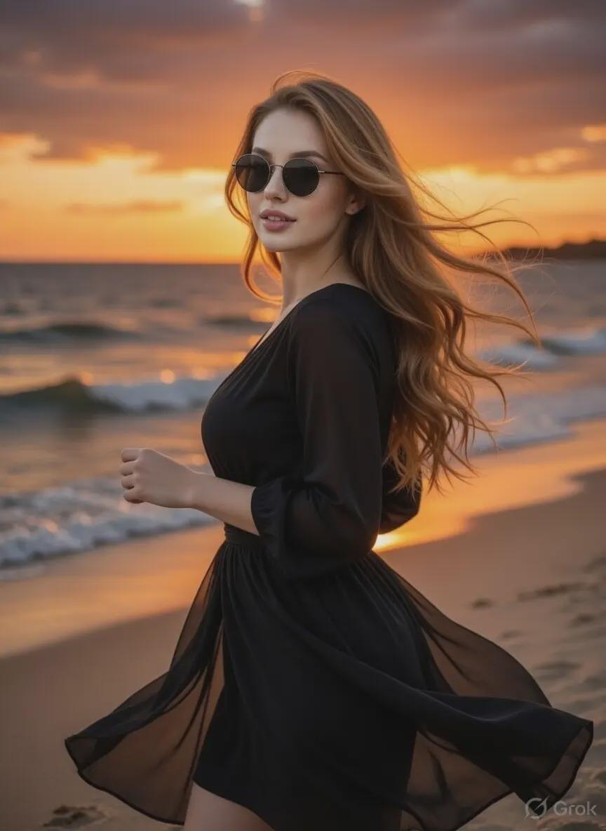 Sheer Black Dress On Beach At Sunset